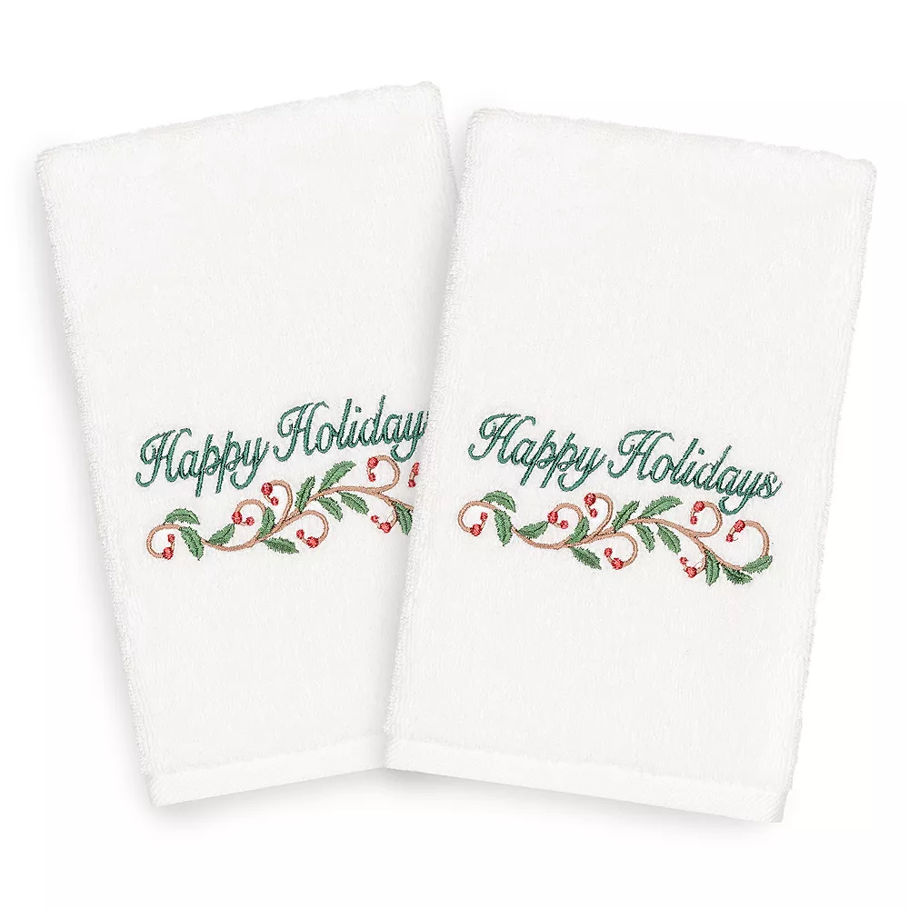 Linum Home Textiles Christmas 2-pack Happy Holidays Embroidered Luxury Turkish Cotton Hand Towels
