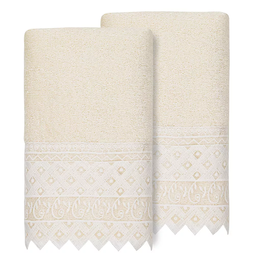 Linum Home Textiles Turkish Cotton Aiden 2-piece White Lace Embellished Hand Towel Set