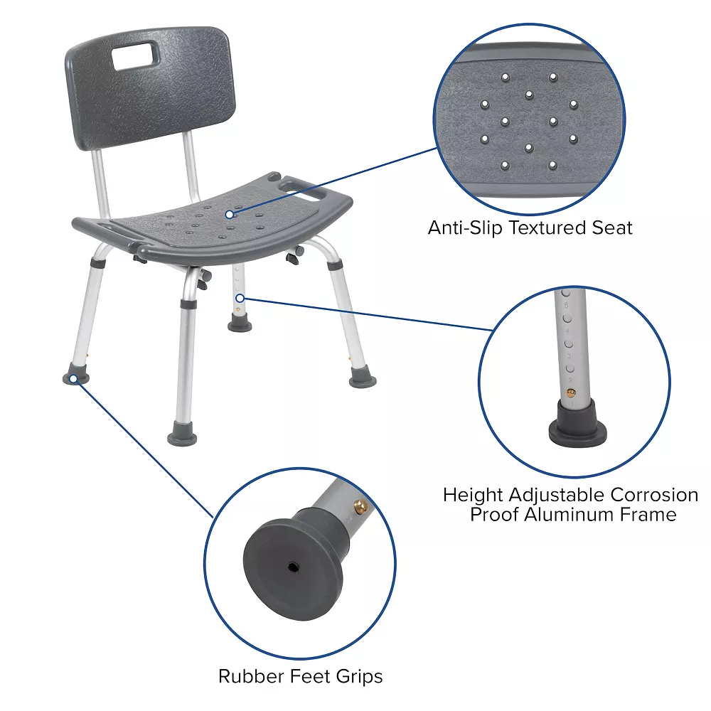 Emma+Oliver Emma And Oliver Tool-Free 300 Lb. Capacity, Adjustable Gray Bath & Shower Chair With Back - Image 3