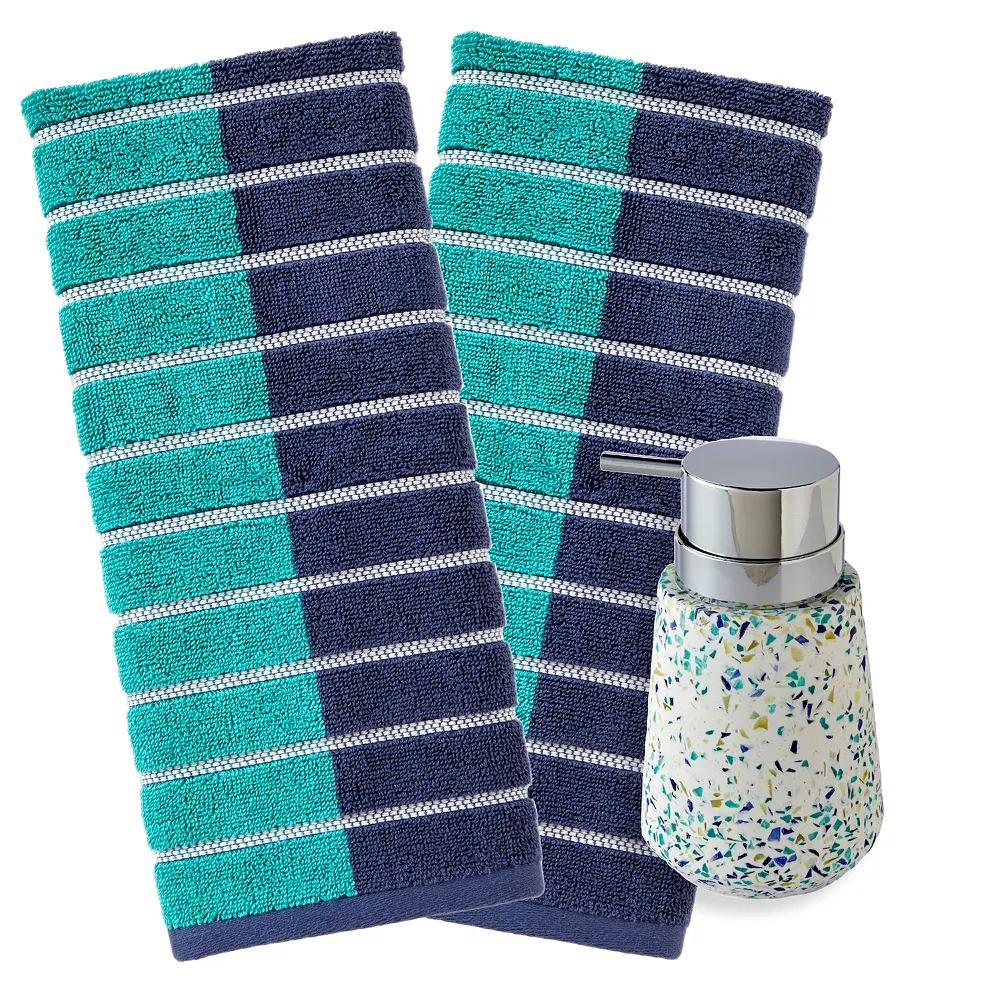 SKL Home Colorblock Striped Hand Towel & Good Vibes Speckled Terrazo Soap Pump Set