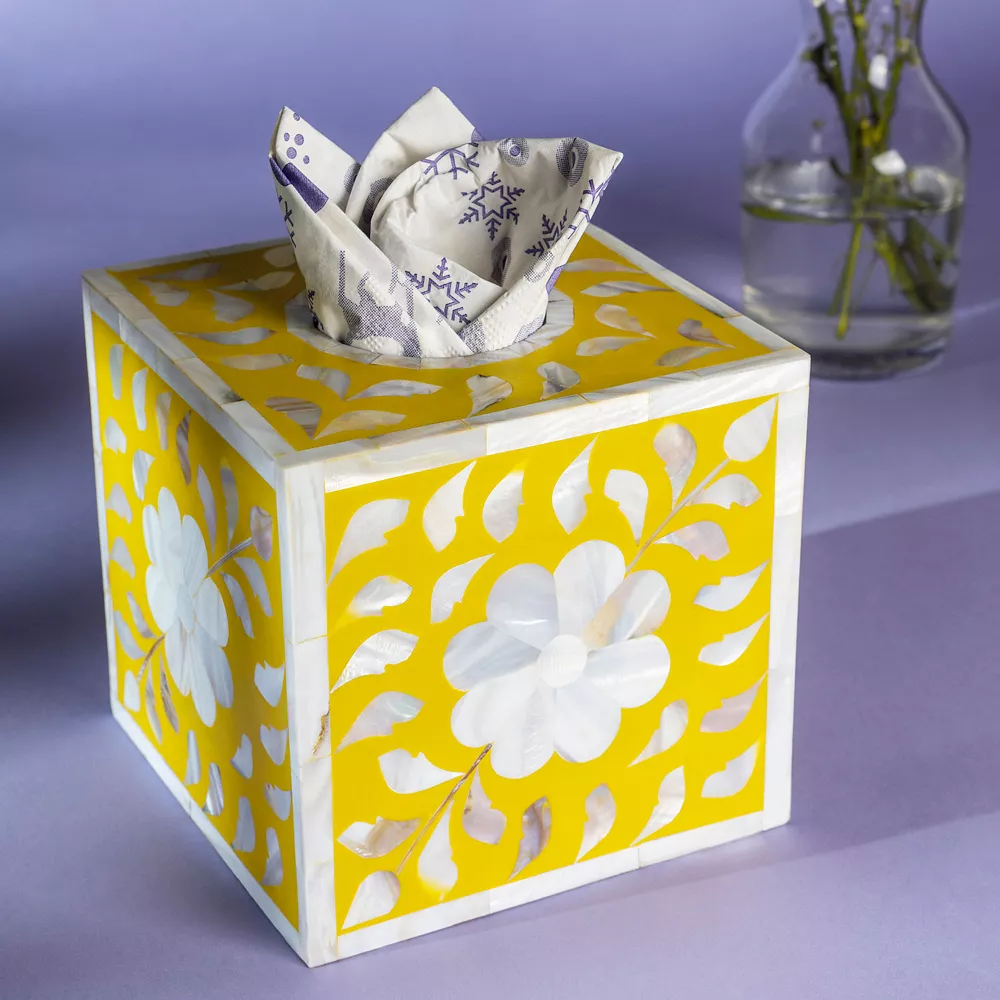GAURI KOHLI Jodhpur Mother Of Pearl Tissue Box Cover - Mustard 2 GAURI KOHLI Jodhpur Mother Of Pearl Tissue Box Cover - Mustard - Image 2