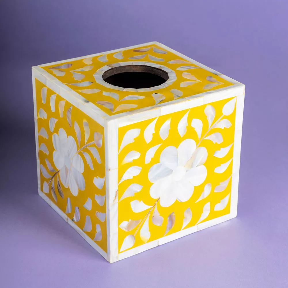 GAURI KOHLI Jodhpur Mother Of Pearl Tissue Box Cover - Mustard 3 GAURI KOHLI Jodhpur Mother Of Pearl Tissue Box Cover - Mustard - Image 3