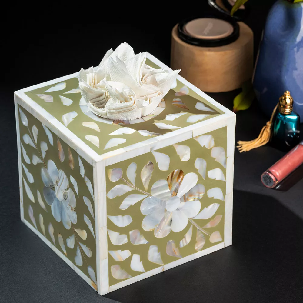 GAURI KOHLI Jodhpur Mother Of Pearl Tissue Box Cover - Beige - Image 2