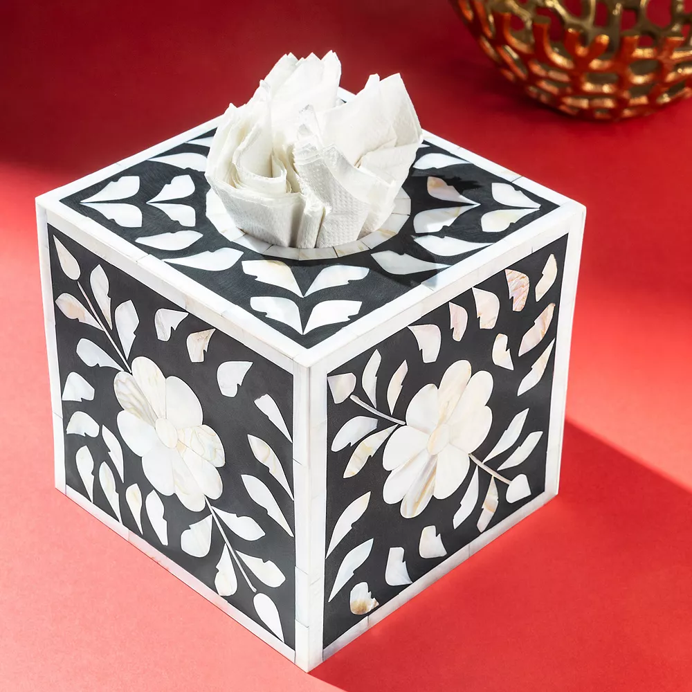 GAURI KOHLI Jodhpur Mother Of Pearl Tissue Box Cover - Black - Image 2