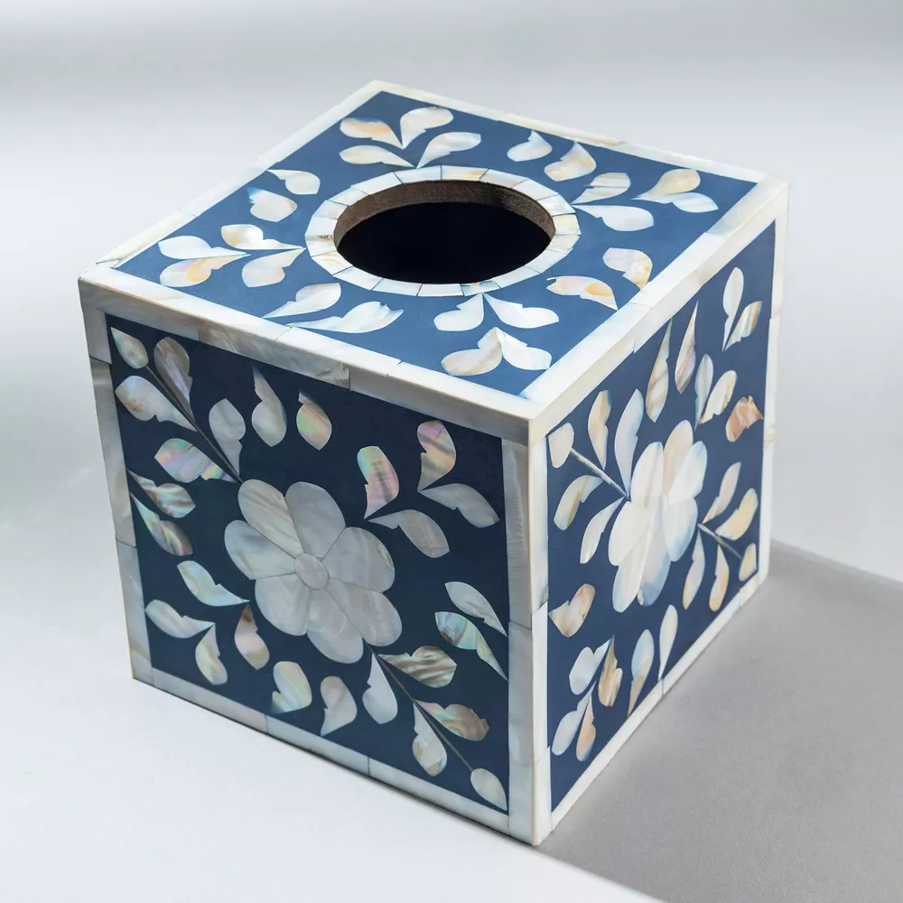 GAURI KOHLI Jodhpur Mother Of Pearl Tissue Box Cover - Blue - Image 3
