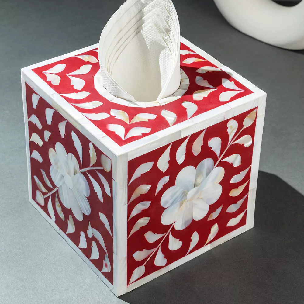 GAURI KOHLI Jodhpur Mother Of Pearl Tissue Box Cover - Burgundy - Image 2