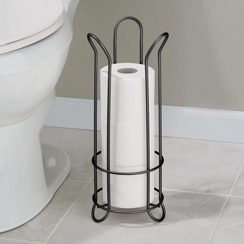 MDesign Metal Free Standing Toilet Paper Stand, Holds 3 Rolls - Black - Image 2