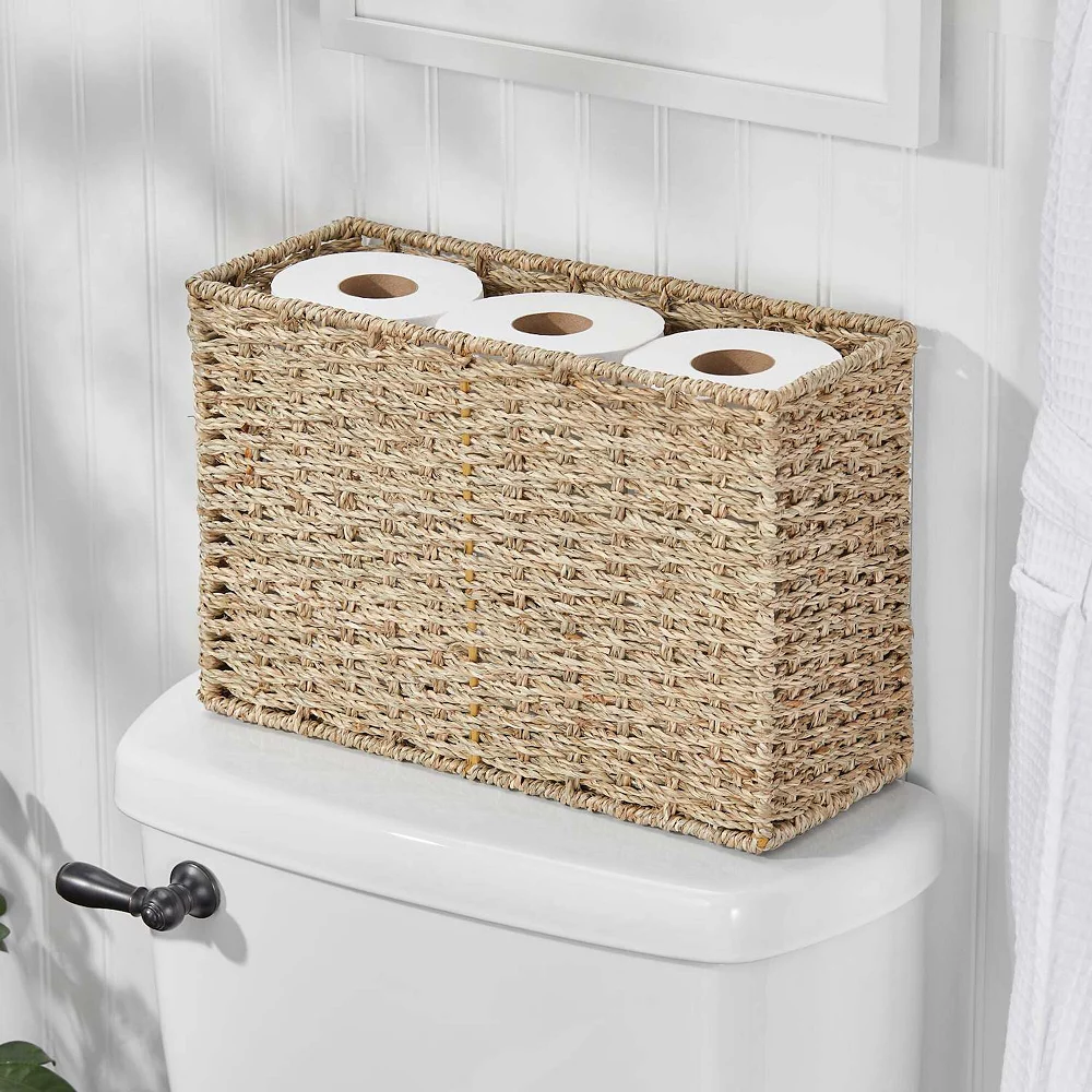 MDesign Large Rustic Woven Seagrass Toilet Tank Bathroom Storage Basket, Natural - Image 2