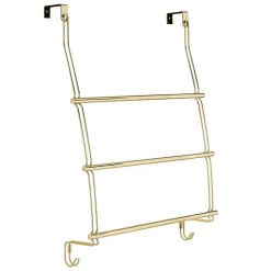 MDesign Adjustable Metal 3-Tier Over Door Towel Rack Holder, 2 Hooks, Soft Brass