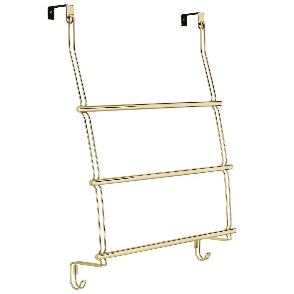 MDesign Adjustable Metal 3-Tier Over Door Towel Rack Holder, 2 Hooks, Soft Brass