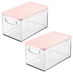 MDesign Deep Plastic Bathroom Storage Bin Box, Lid/Handles, 2 Pack, Clear/Pink