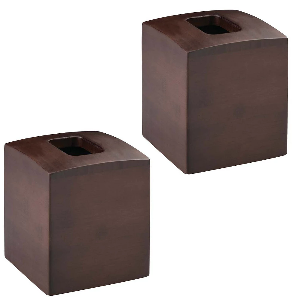 MDesign Square Wood Paper Facial Tissue Box Cover Holder, 2 Pack - Dark Brown