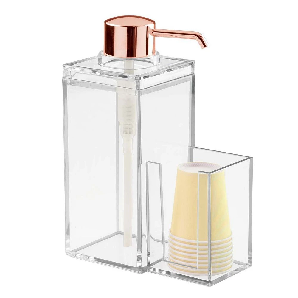 MDesign Plastic Bathroom Mouthwash Pump And Cup Holder - Clear/Rose Gold