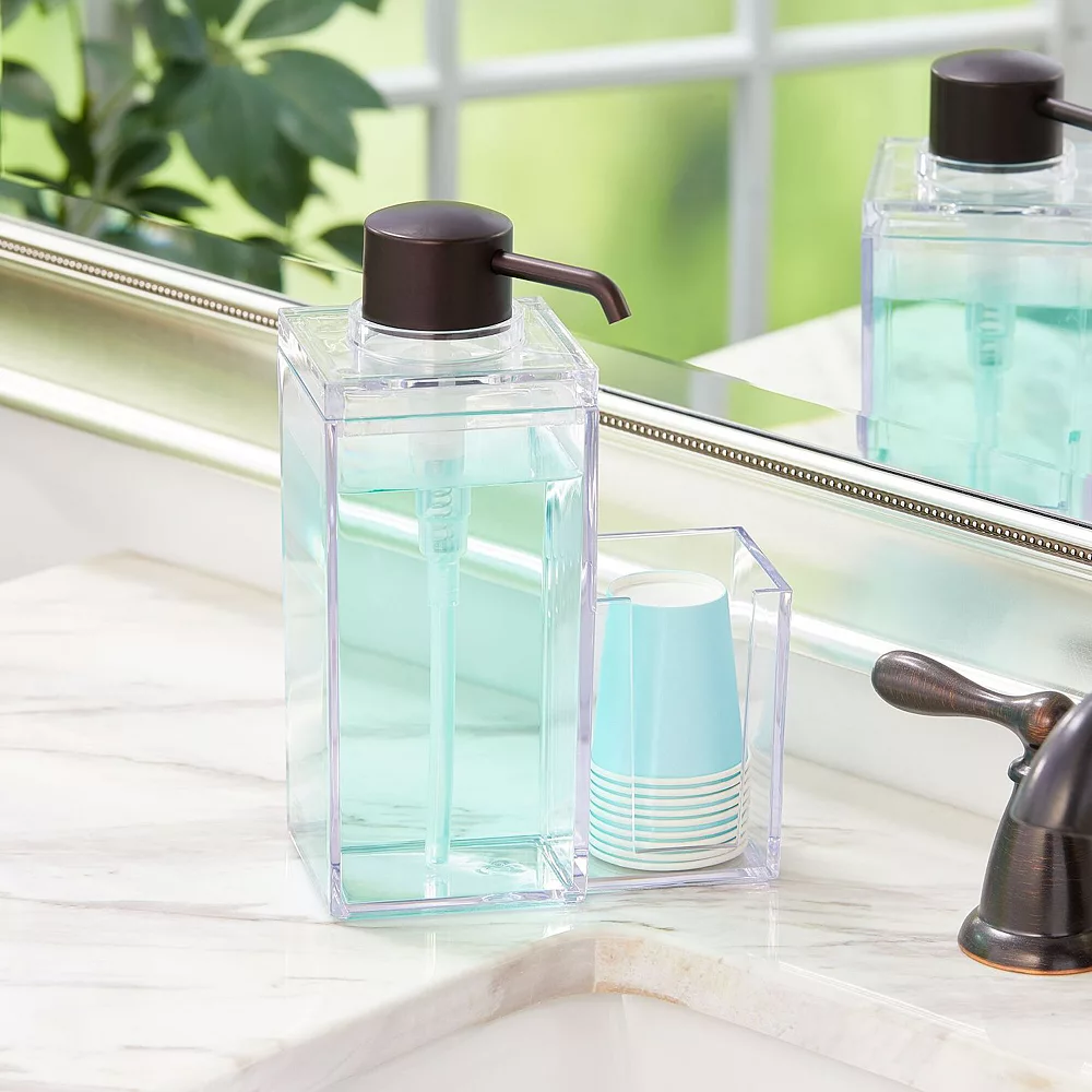 MDesign Plastic Bathroom Mouthwash Pump And Cup Holder - Clear/Rose Gold - Image 2