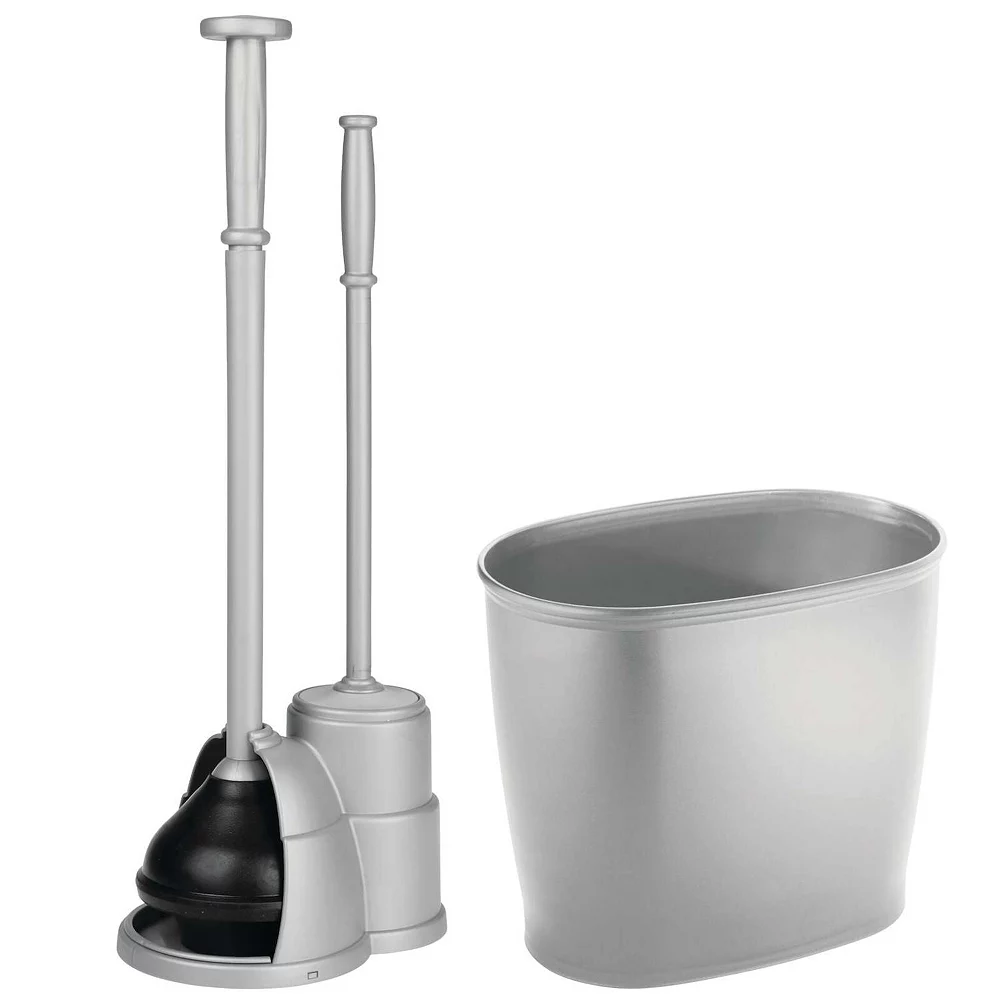MDesign Plastic Bathroom Combo, Bowl Brush/Plunger/Trash Can, Set Of 2, Silver