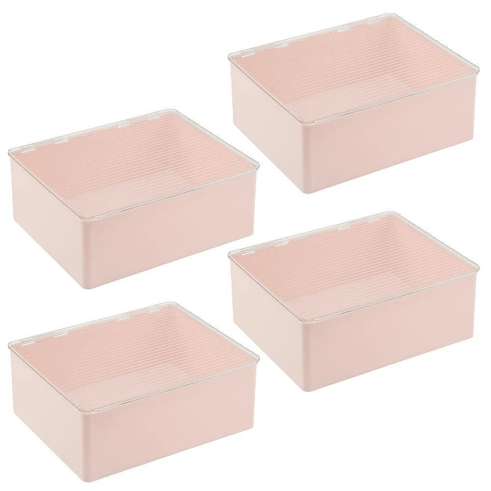 MDesign Plastic Bathroom Storage Organizer Box, Hinged Lid, 4 Pack, Pink/Clear