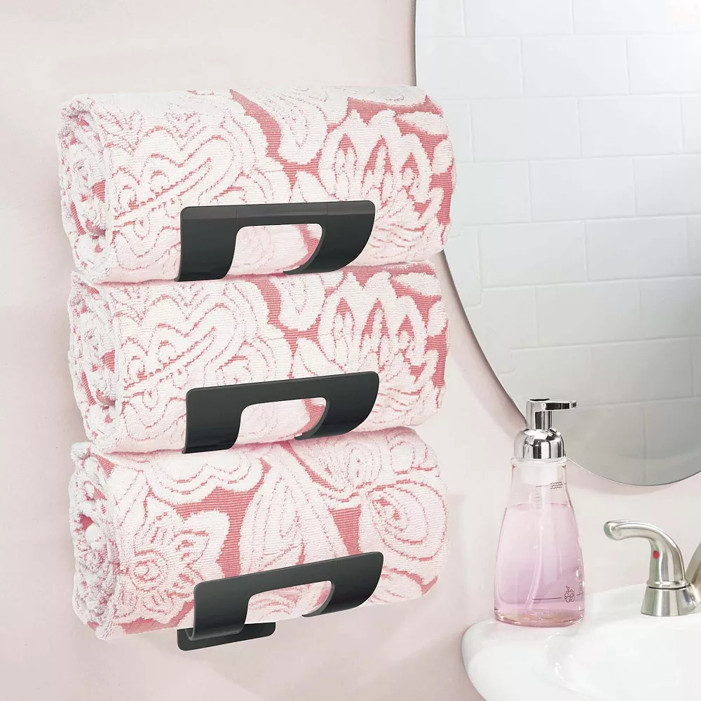 MDesign Plastic Bathroom Wall Mounted Towel Rack Organizer Holder, 2 Pack - Image 2